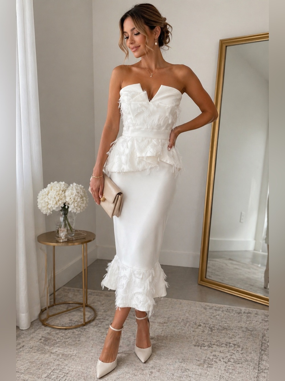 ASOS White Strapless Midi Dress with Feather Trim